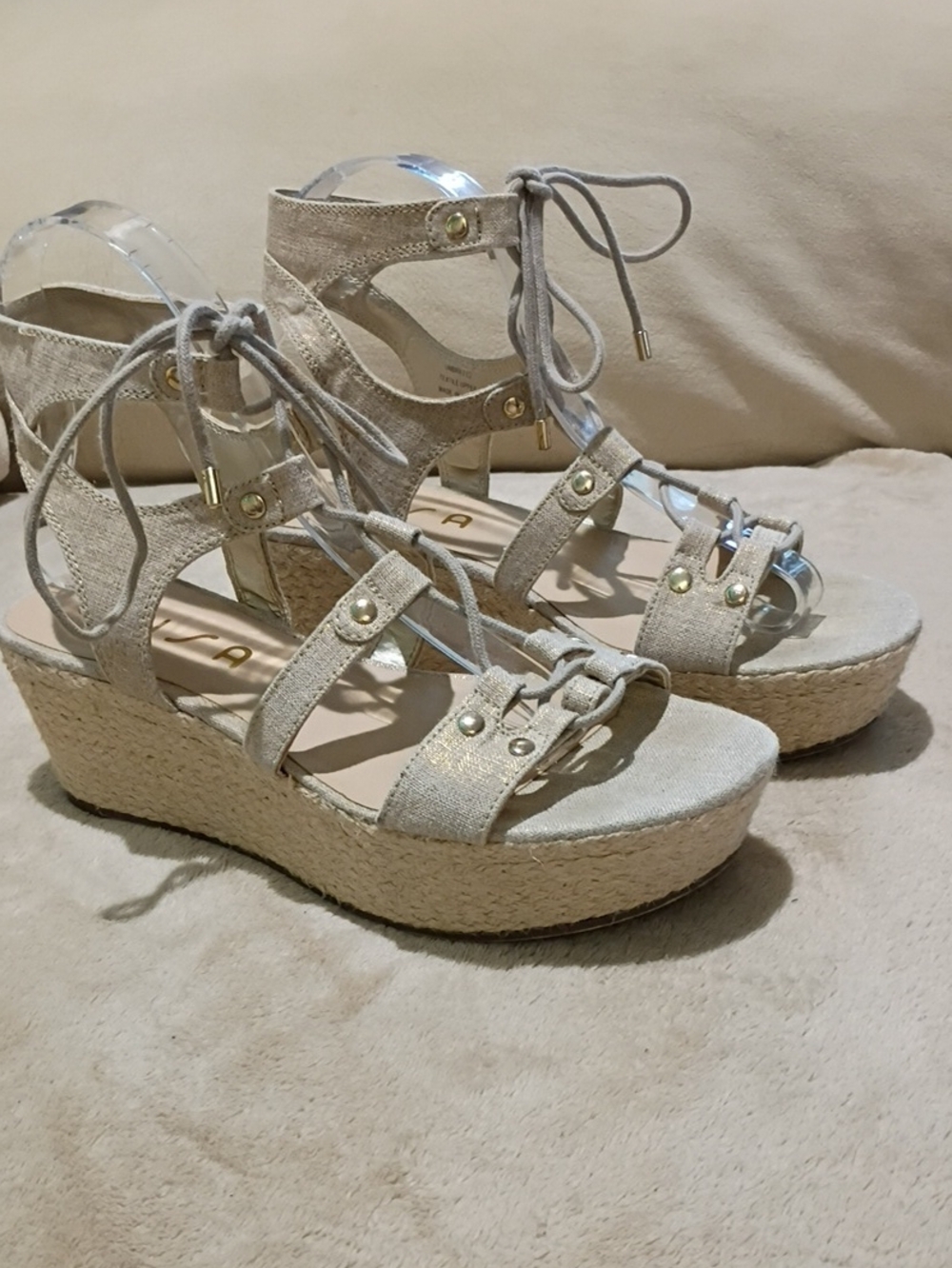 new condition Unisa Light Beige Lace-Up Espadrille Wedges